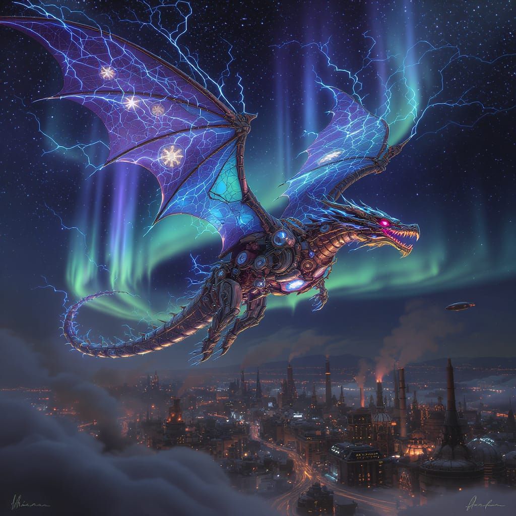 Mechanical Dragon Aurora Over Ironhaven