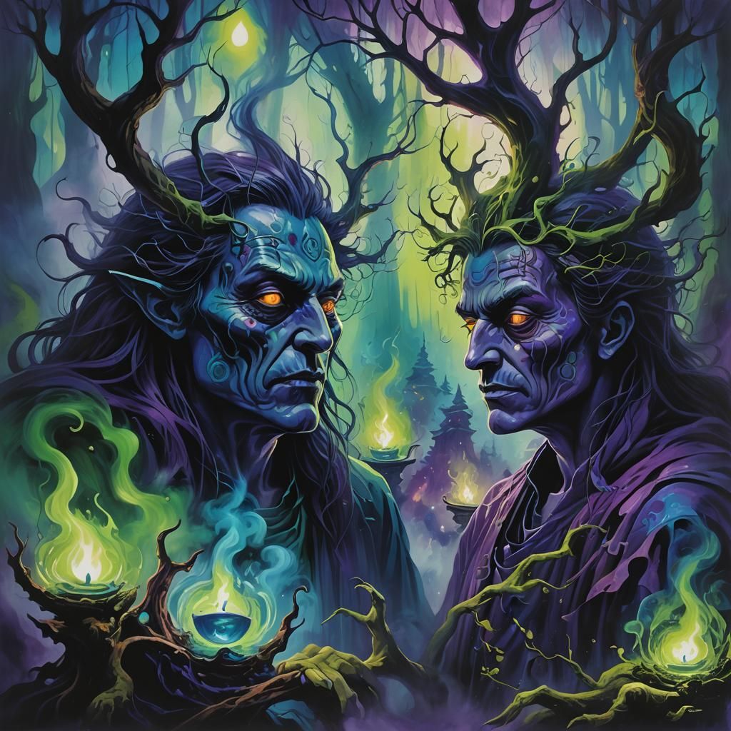 Evil Spirits Brew Magic Potion in Mystical Forest