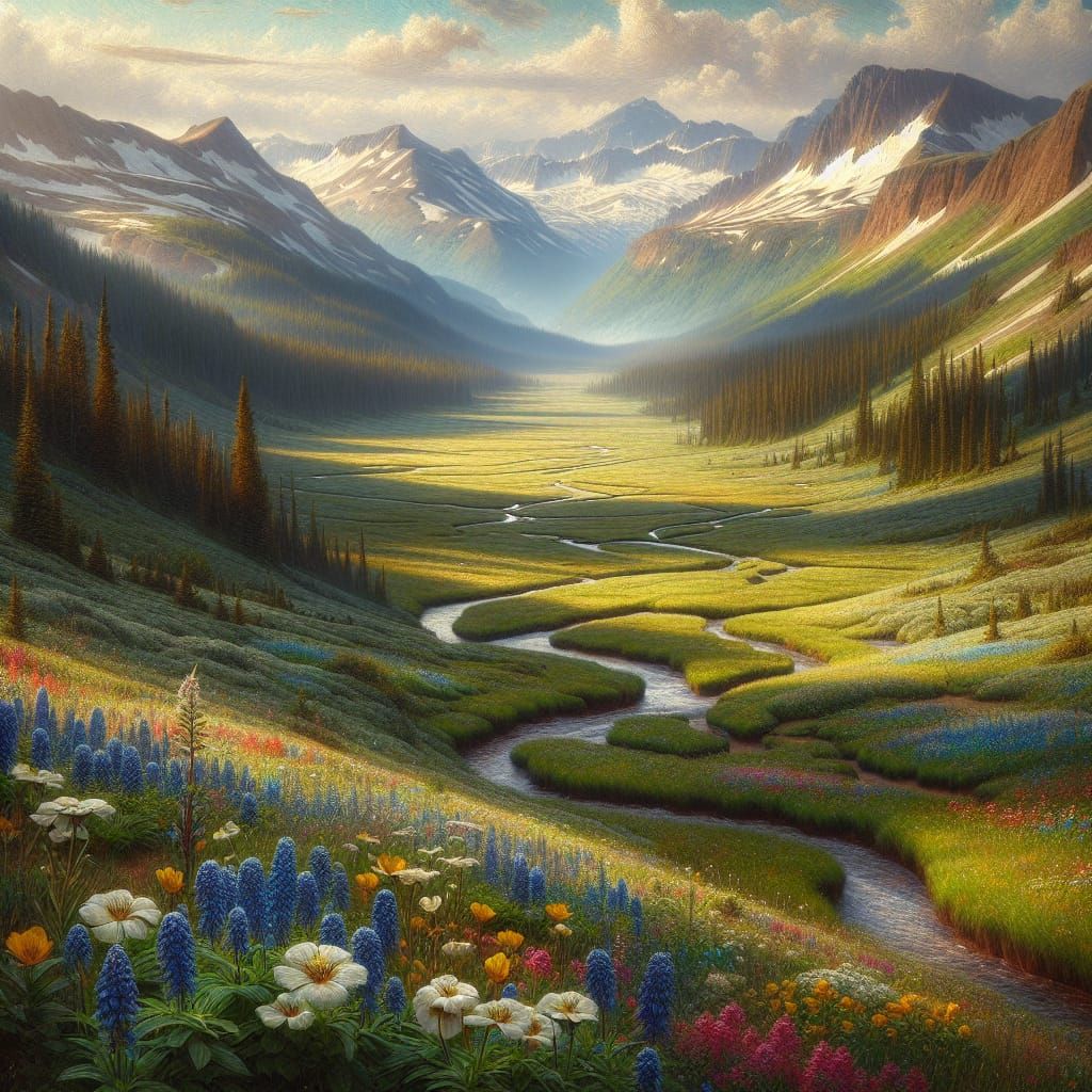 Grassy mountain valley with a long meandering stream, Snow C...