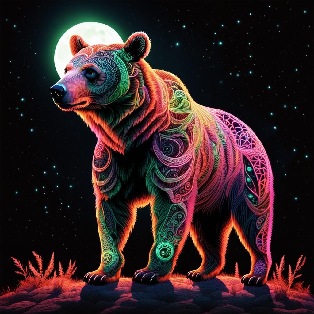 Fiber Optic Zentangle Bear Under Moonlight