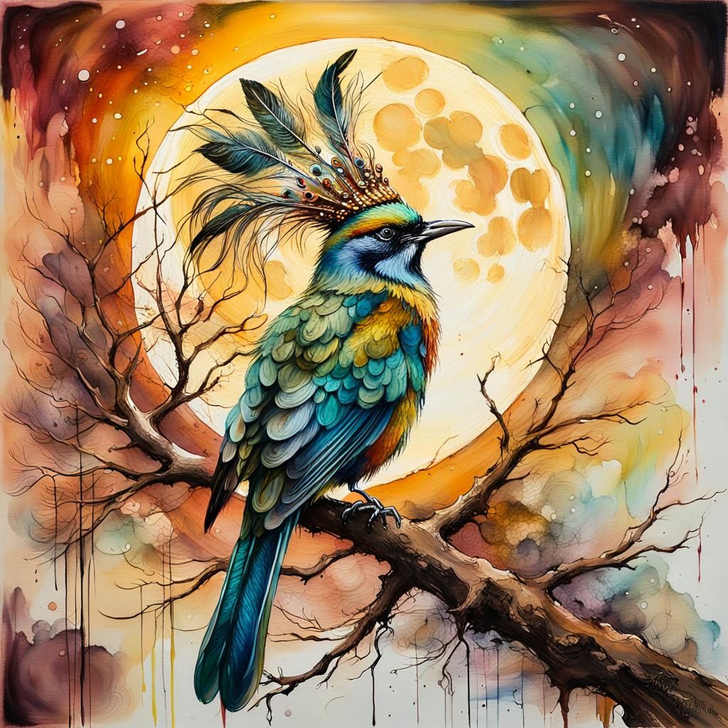 Enchanting Bird with Moon, in Abstract Expressionism