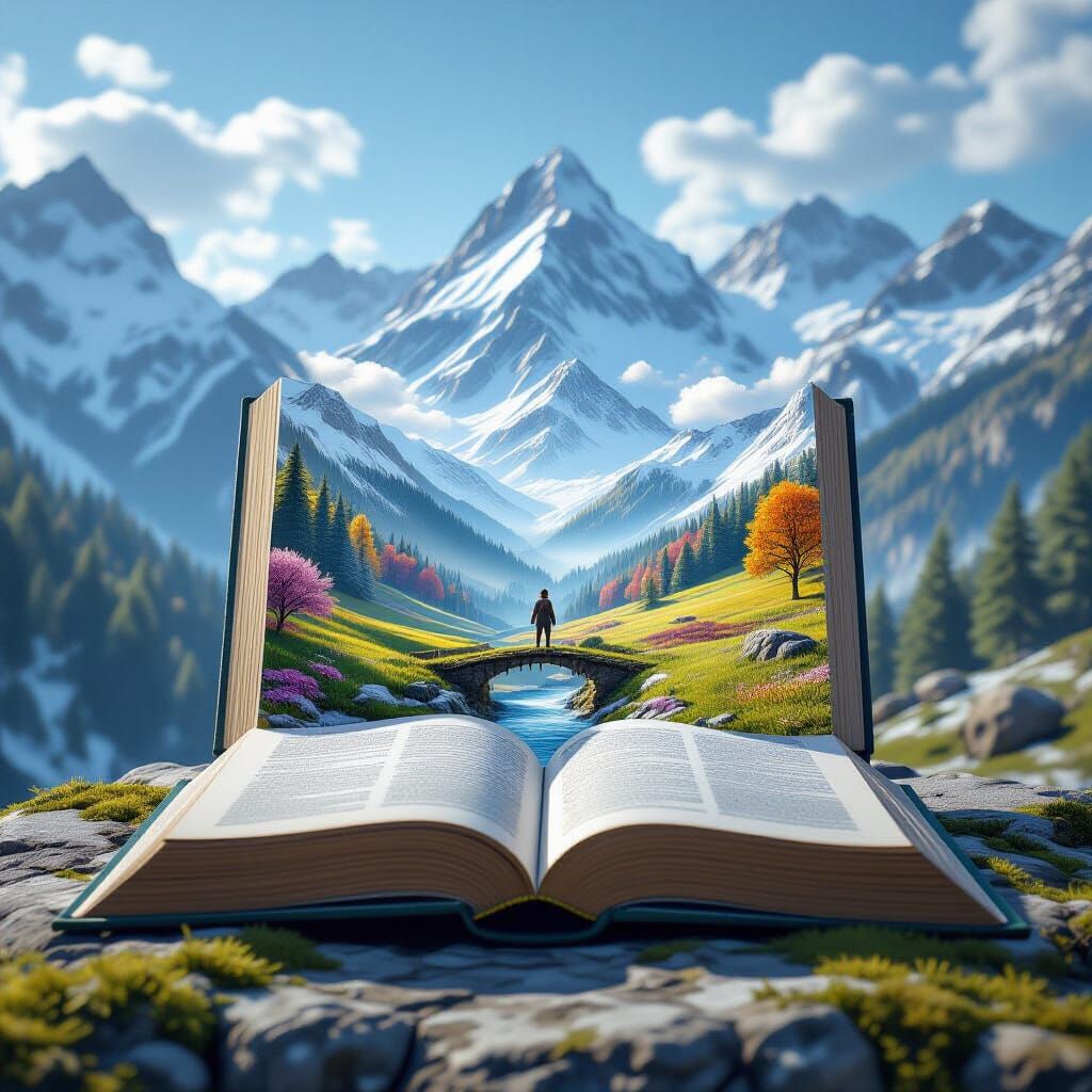 Open Book Reveals Four Seasons Landscape with Adventurer