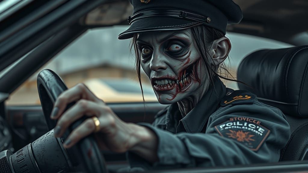 Undead Zombie Policewoman in Car, Cinematic Style