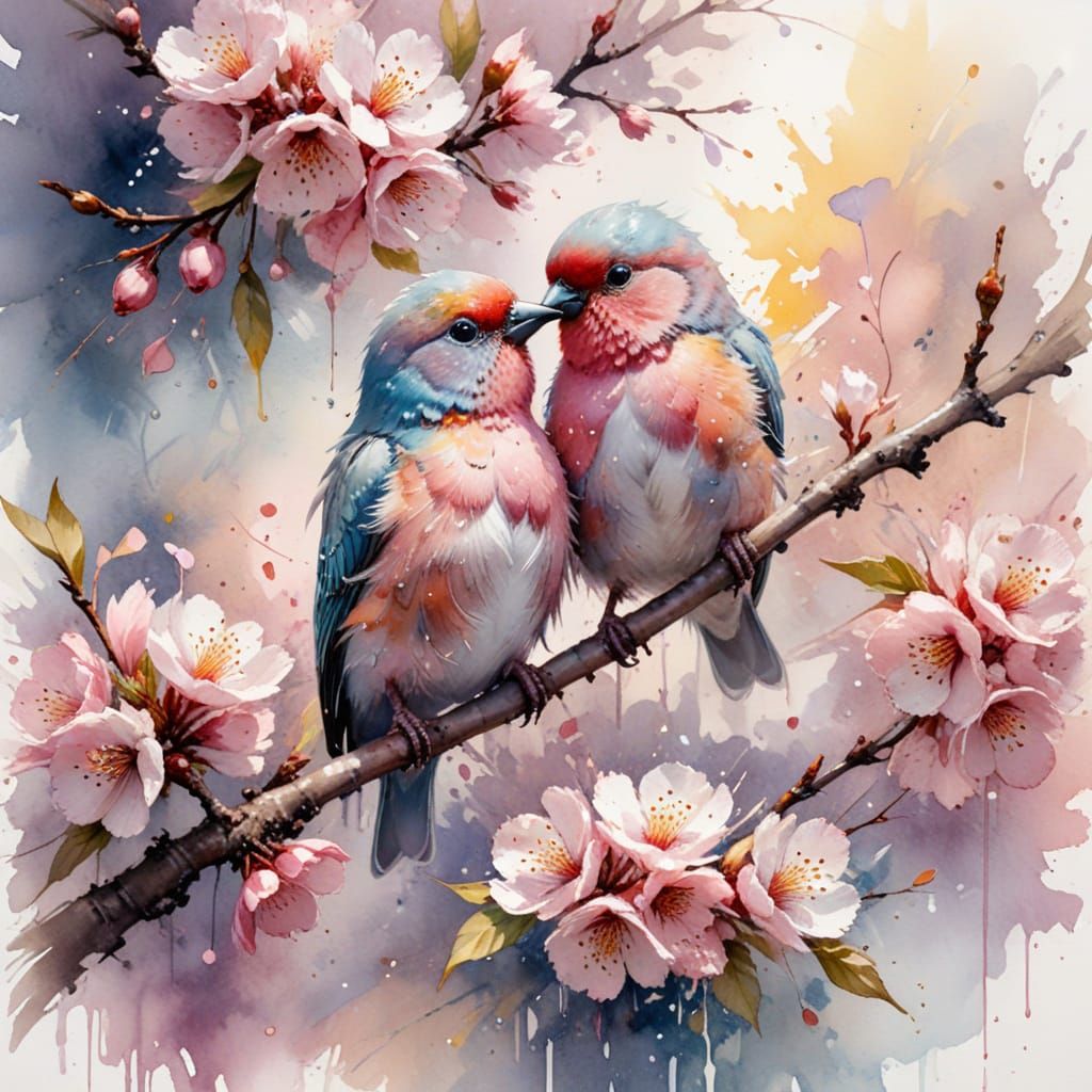 Pastel Love Birds Forming Heart on Cherry Branch