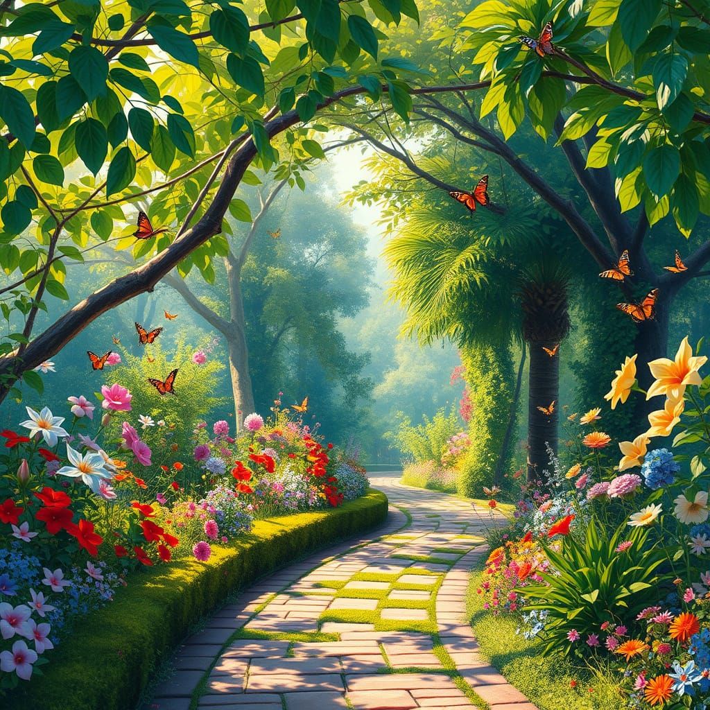 Vibrant Garden Oasis in Impasto Style