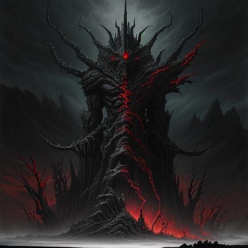 Towering Fiend amidst Twisted, Dark Landscape