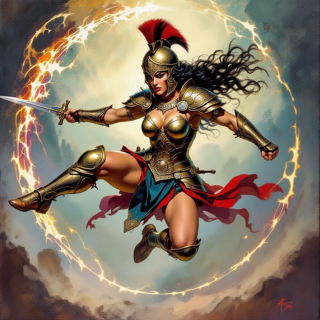 Spartan Warrior Leaping Kick: Fantasy Oil Painting