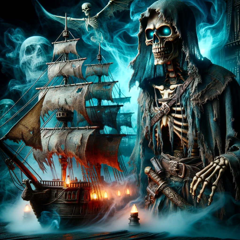 Ethereal Skeleton Pirate Guards Ghostly Vessel in Eerie Scen...