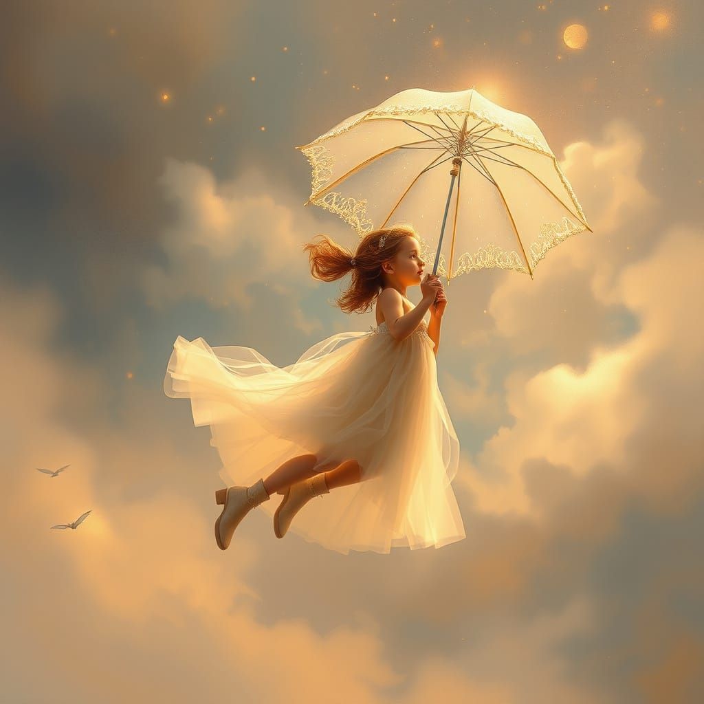 Girl Soars Through Sky with Elegant Umbrella