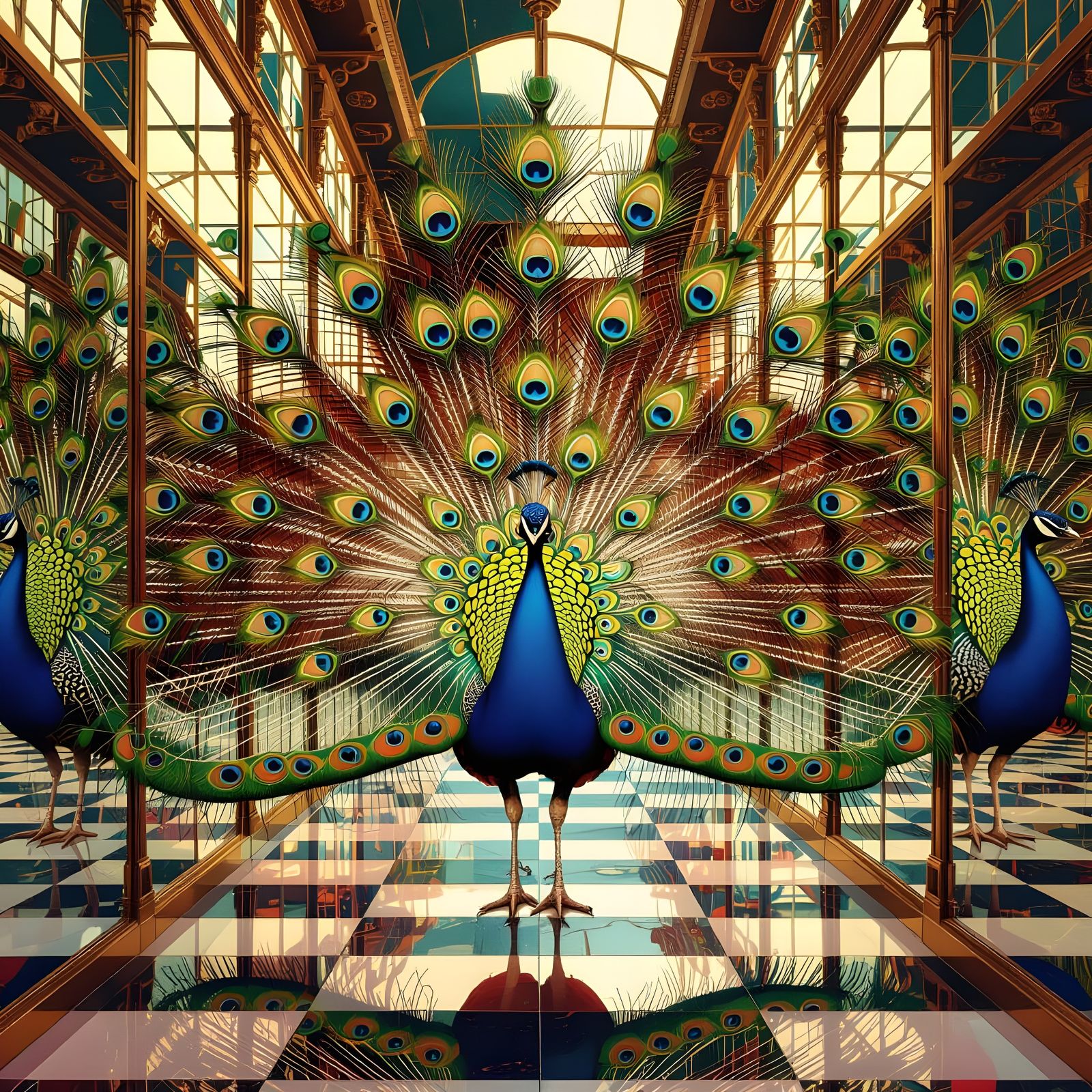 Peacock's Dazzling Reflections in Hyperrealistic Style