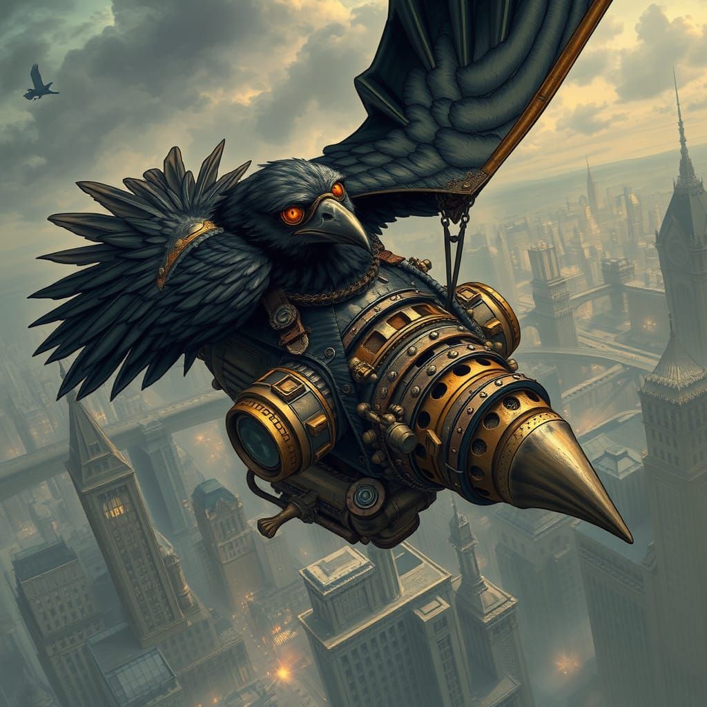 Steampunk Raven Ornithopter Over Victorian Metropolis