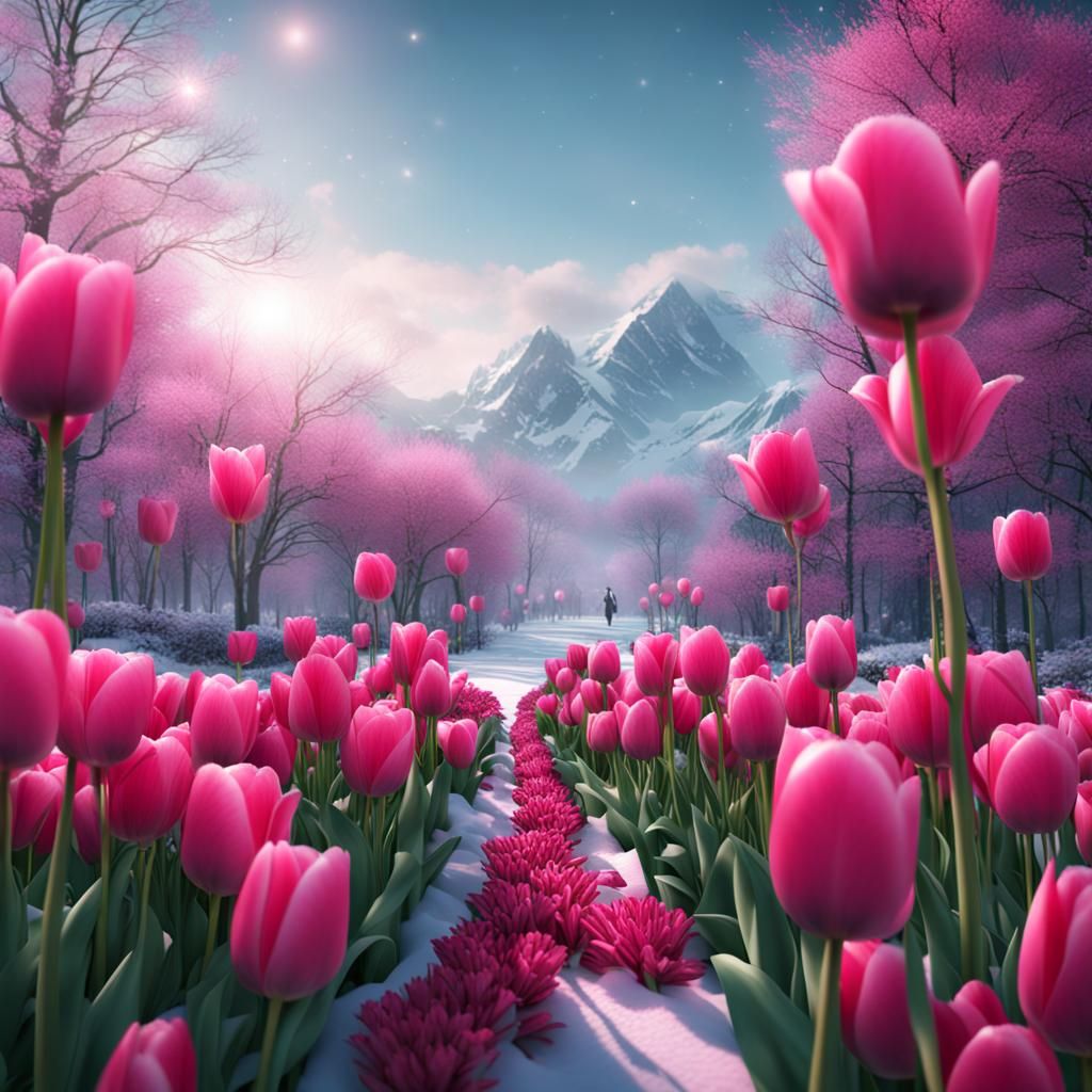 Macro Pink Tulips Against Winter, Detailed Digital Art