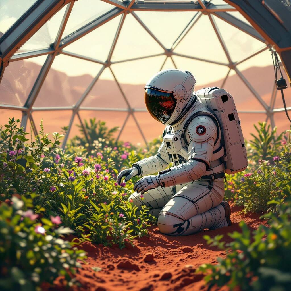Astronaut's Bioluminescent Garden on Mars