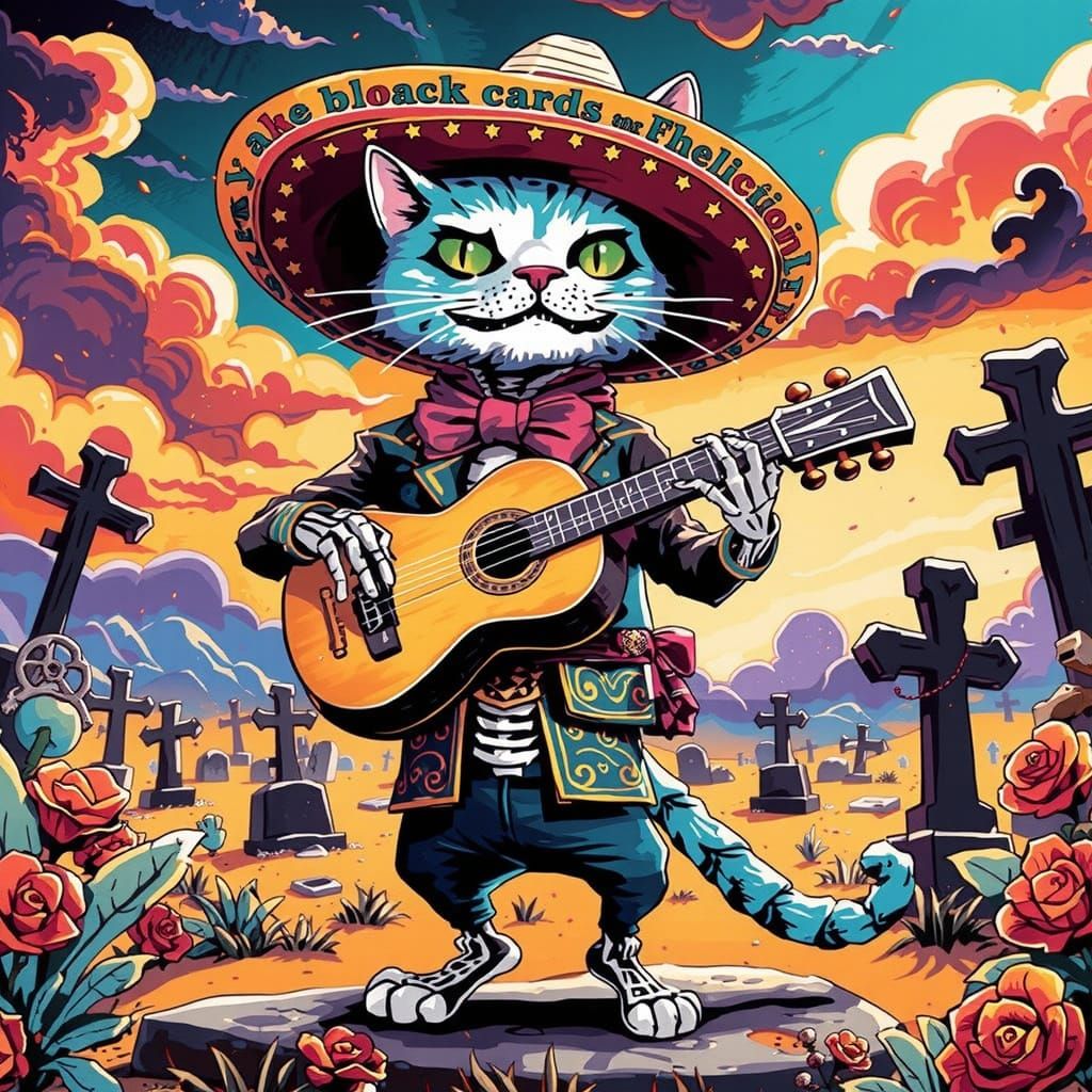Mariachi Cat Skeleton Plays Guitar in Graveyard