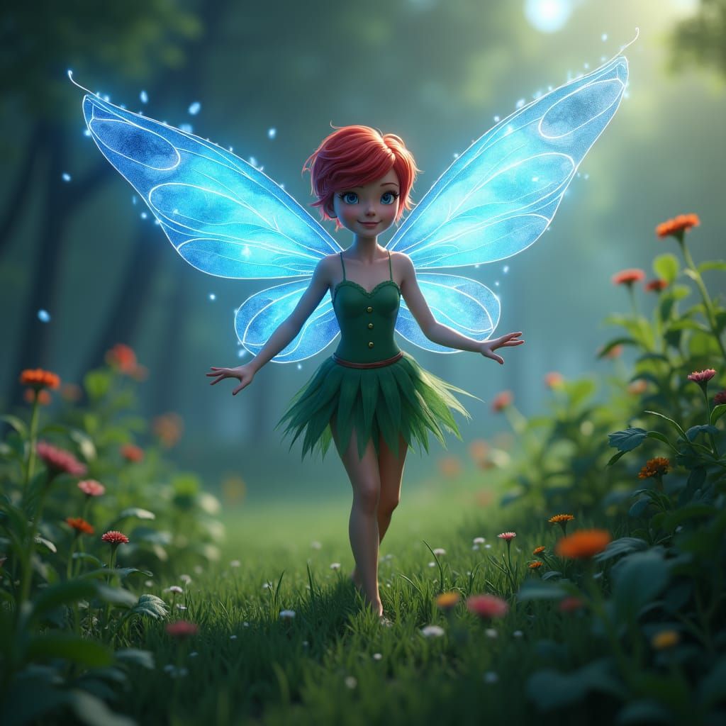 A beautiful fairy with a short red pixie cut is walking through a green meadow with electrifying blue glowing wings