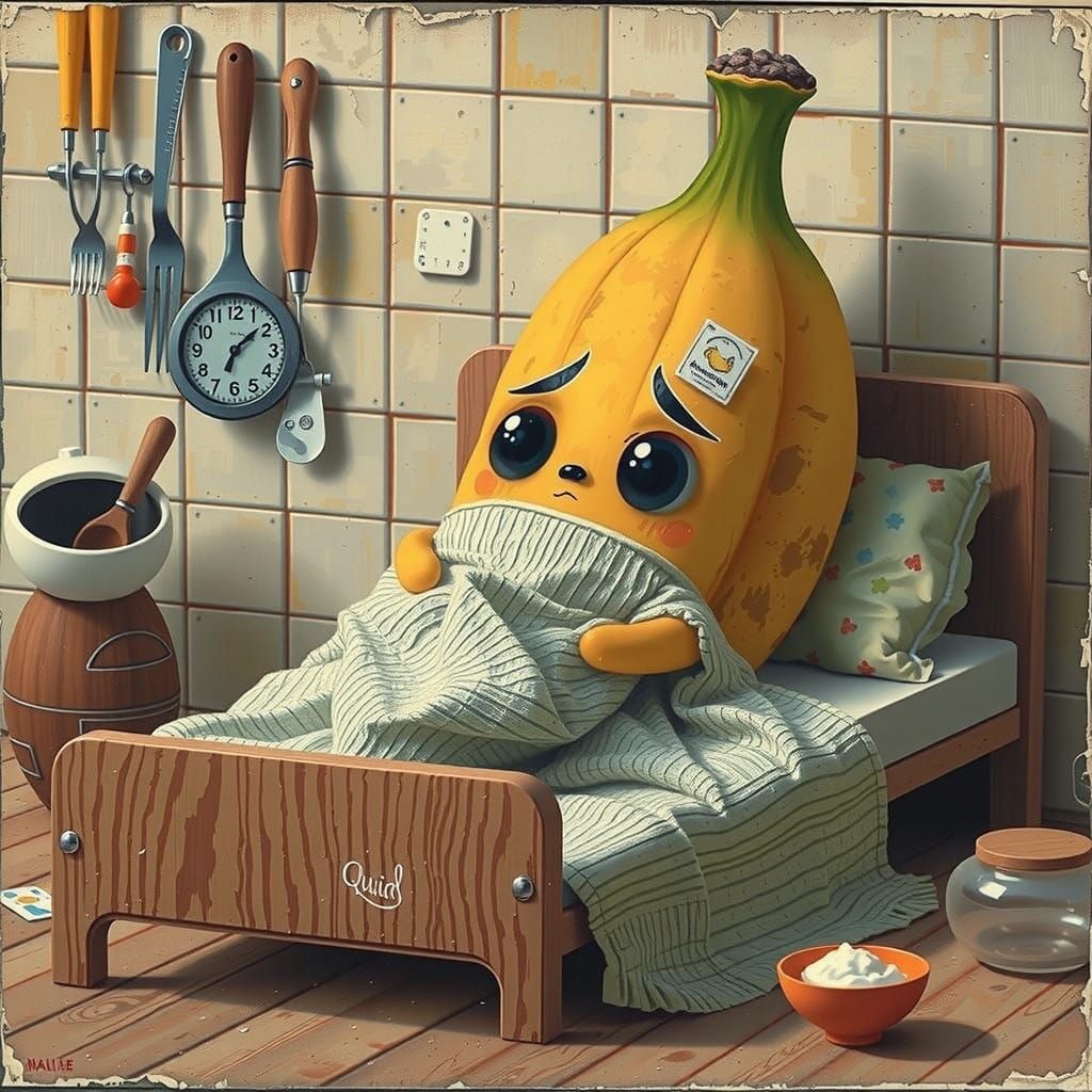 Adorable CGI Cartoon Banana in Bed, Highly Detailed Oil Pain...