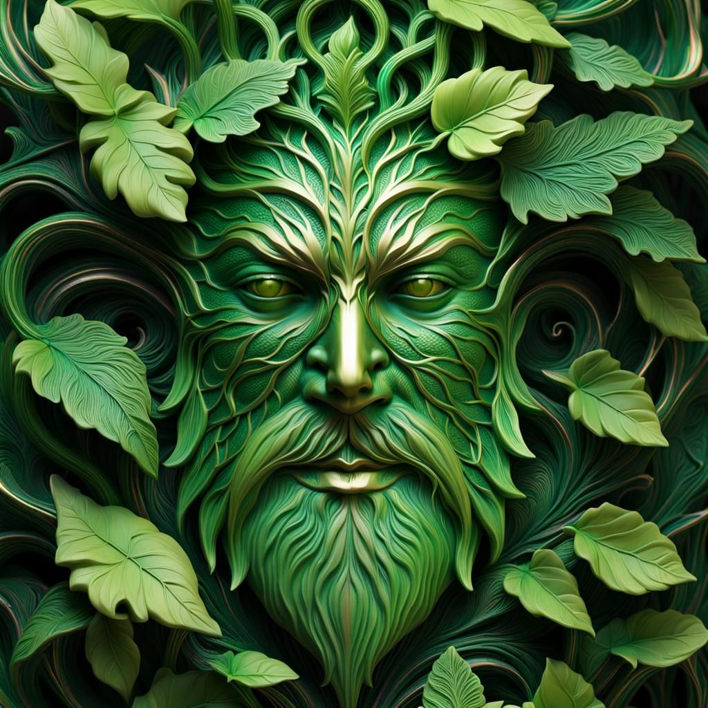Green Man Blending into Forest with Kintsugi