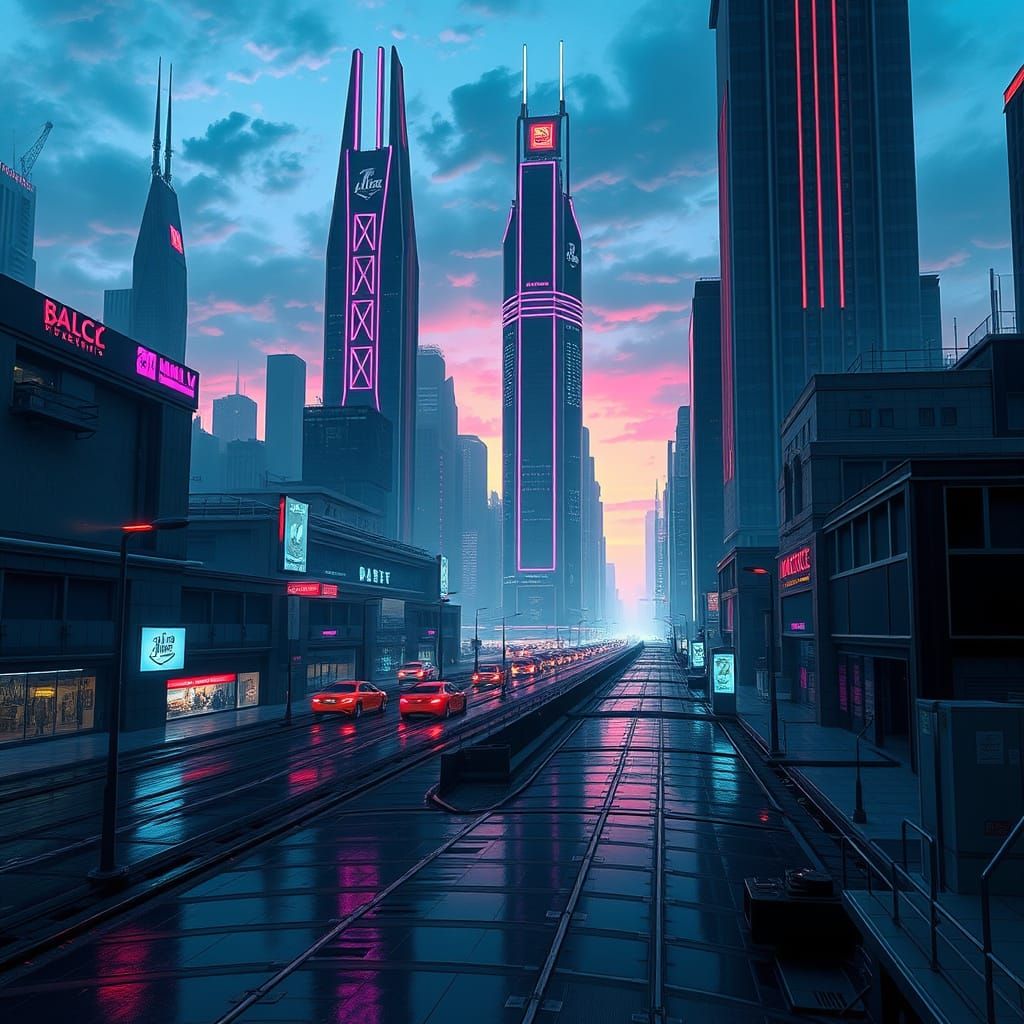 Futuristic Cityscape in Deep Blues and Purples