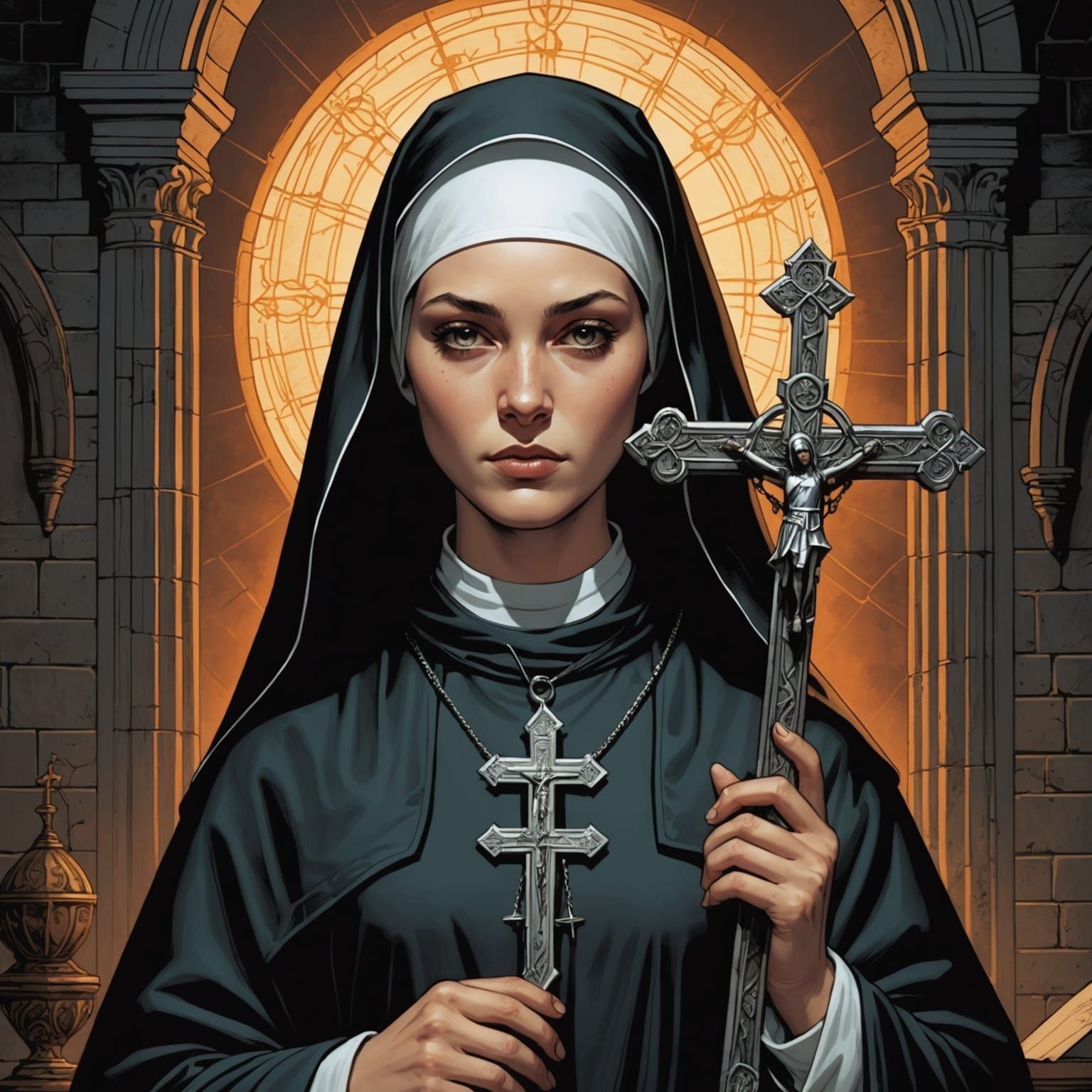 Young Nun with Holy Cross in Comic Book Style