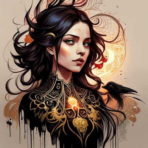 Raven Princess with Golden Outlines Digital Painting