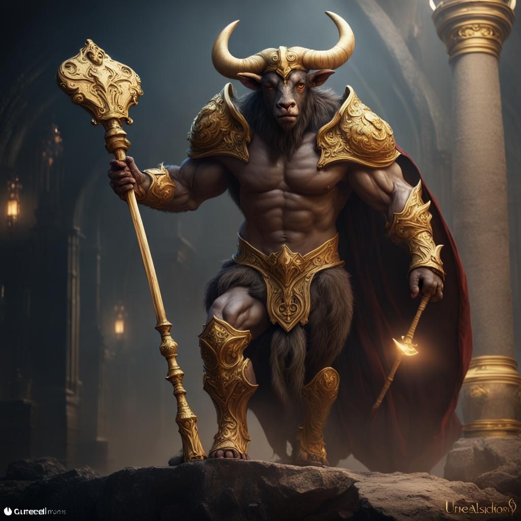 Caped Minotaur with Golden Scepter, Detailed Matte Painting
