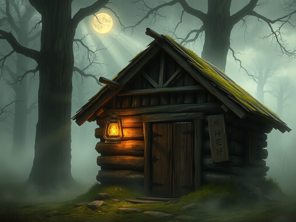Misty Hut in Enchanting Fantasy Clearing with Glowing Lanter...