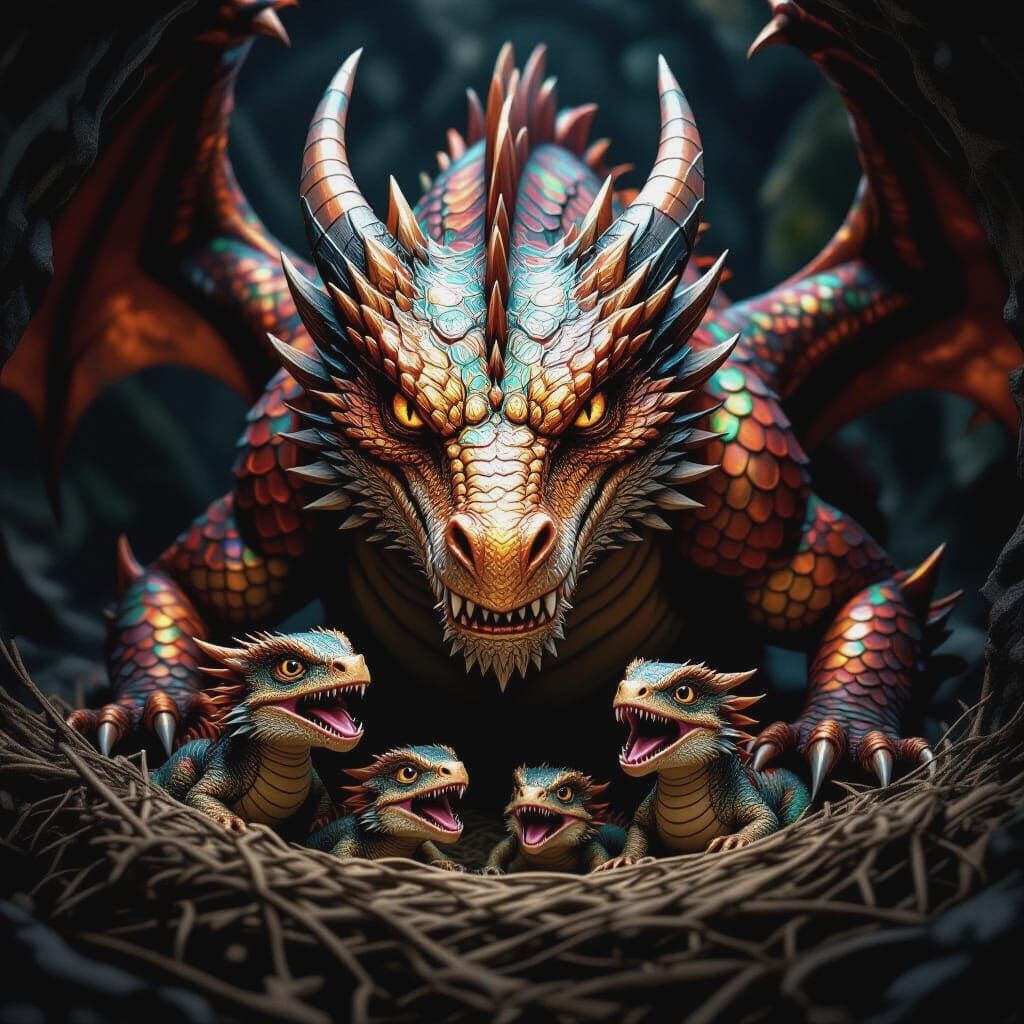 Protective Dragon Guards Hatchlings in Dark Lair