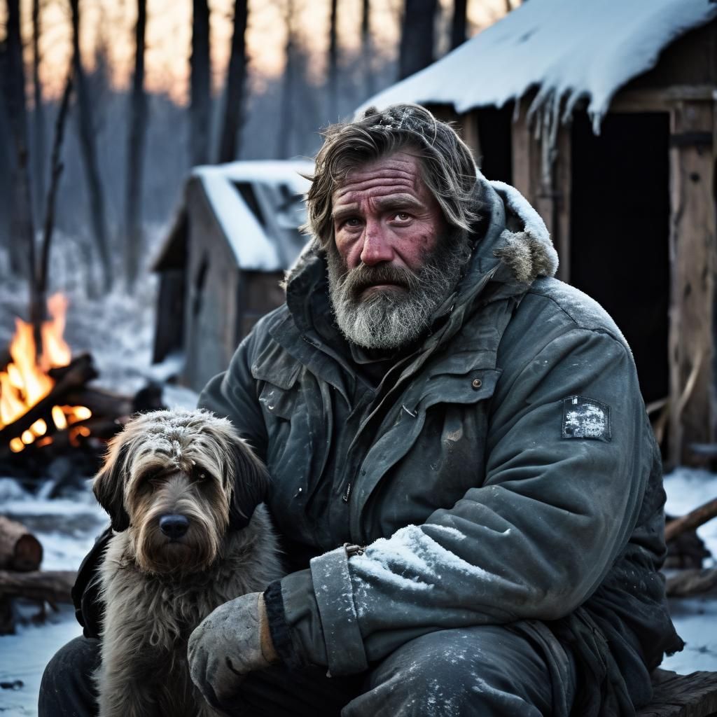 Grim Survivor Looks Out at Post-Apocalyptic Winter Landscape