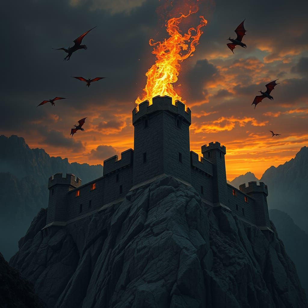 Majestic Stone Fortress Rises from the Mountainside in Fiery...