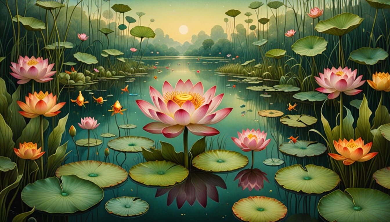 Whimsical Lotus in Vibrant Fantasy Landscape