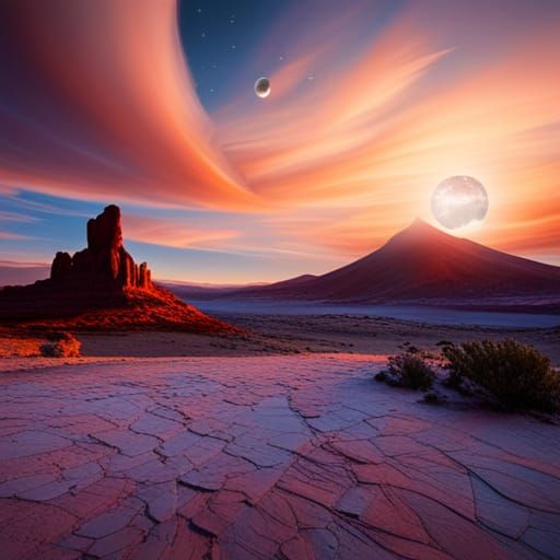 Alien Desert Planet Sunset with Three Moons