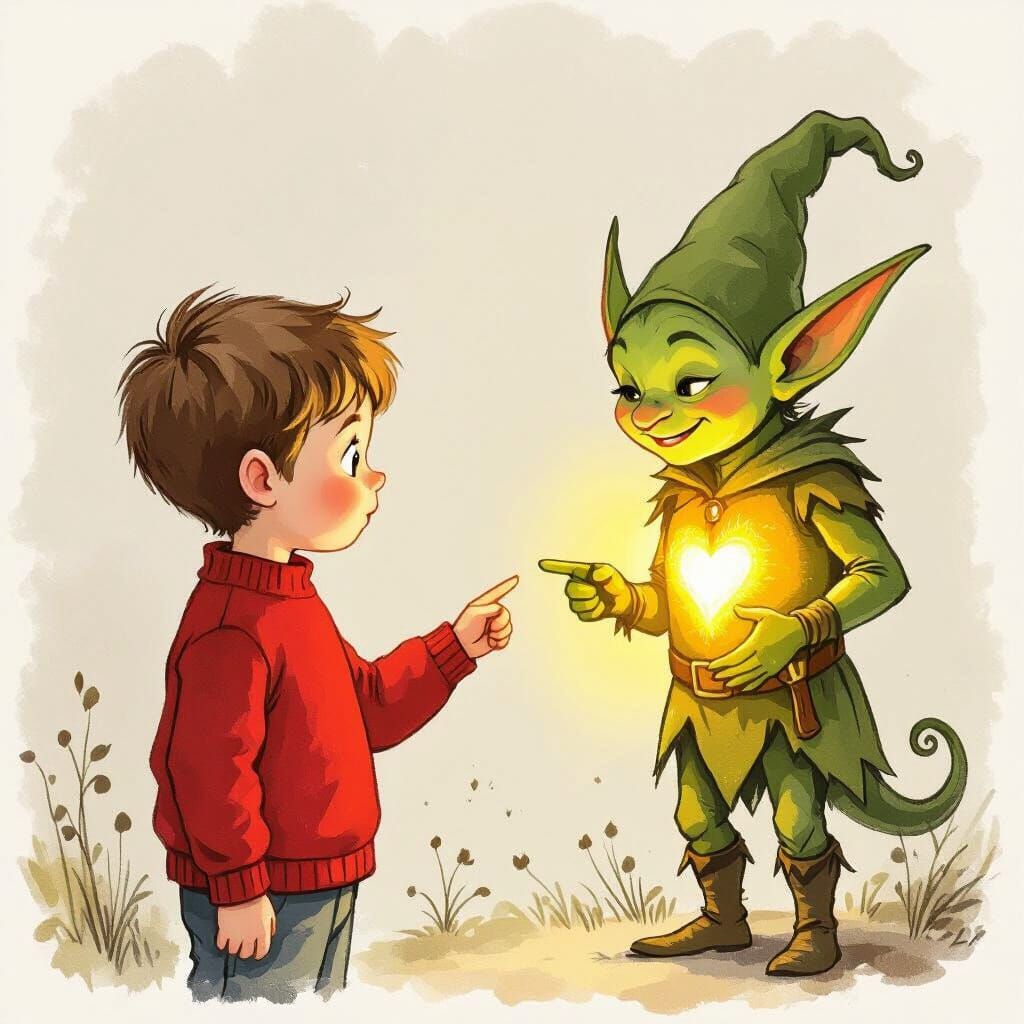 Boy Meets Magical Goblin in Children's Book Illustration