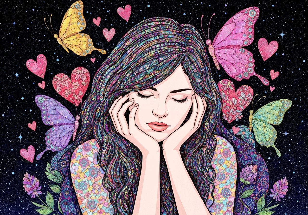 Whimsical Mosaic Portrait of a Woman with Butterflies