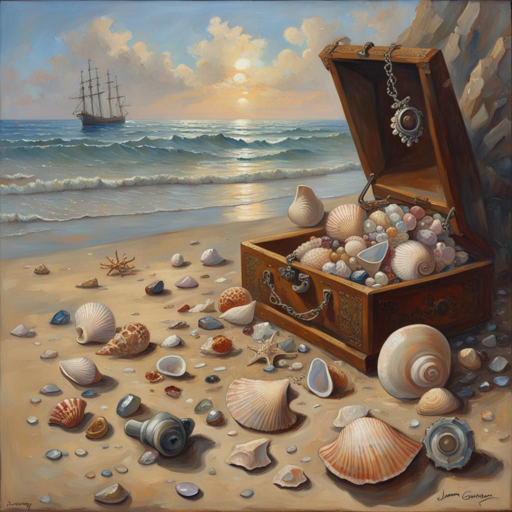 Explorer Finds Treasure on Sunlit Beach as Oil Painting