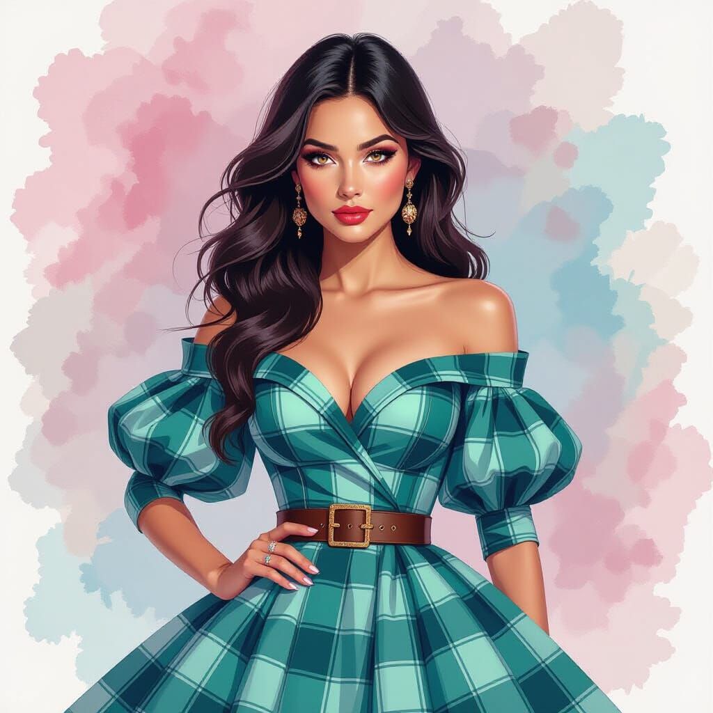 Woman in Teal Plaid Gown, Watercolor Ink Style