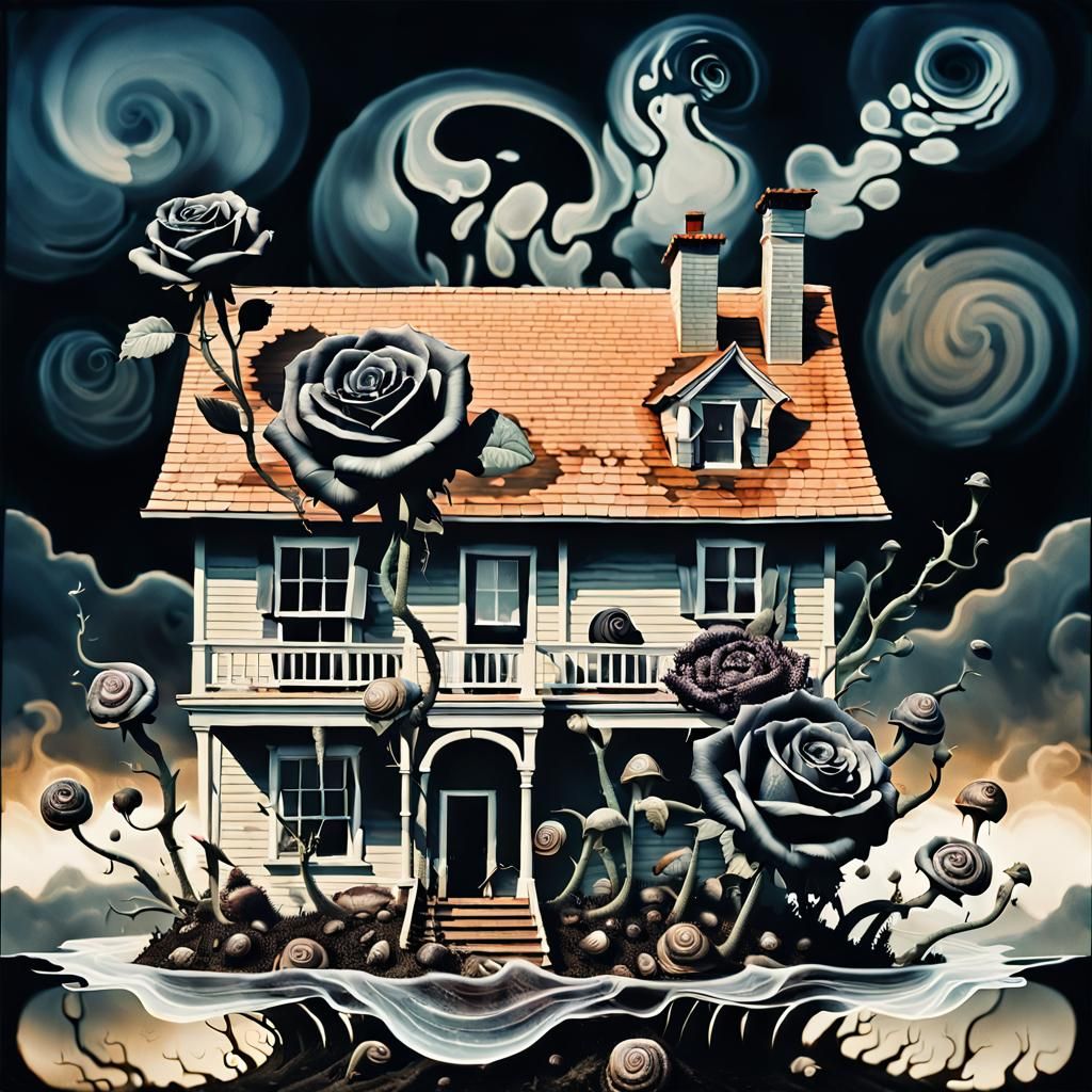 Black Rose Double Exposure Over Snail-Covered House