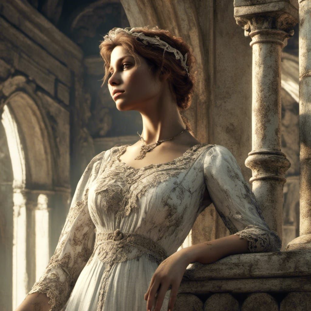 Gothic Castle Scene with Woman in Regency Dress