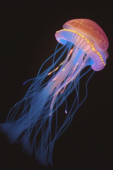 Glowing Bioluminescent Jellyfish in Deep Sea