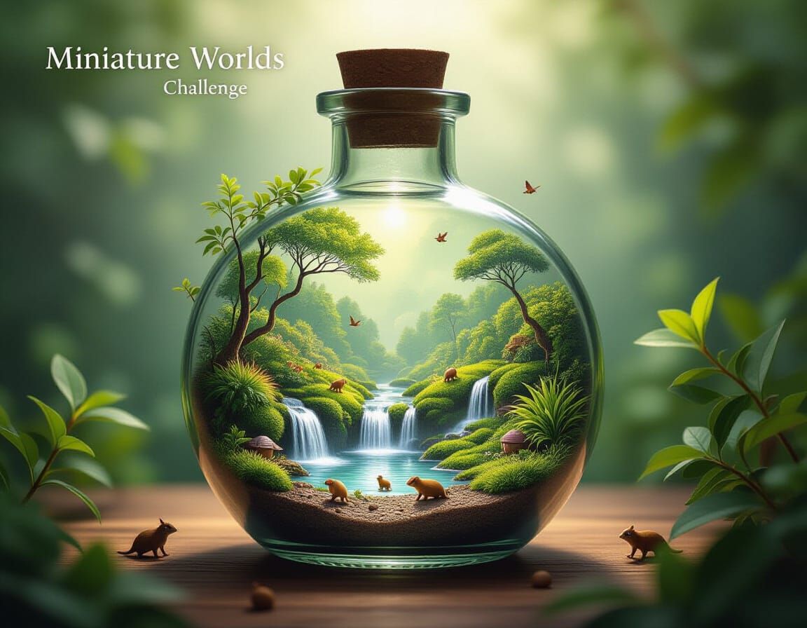 Miniature Ecosystem Inside Glass Bottle: Botanical Illustrat...