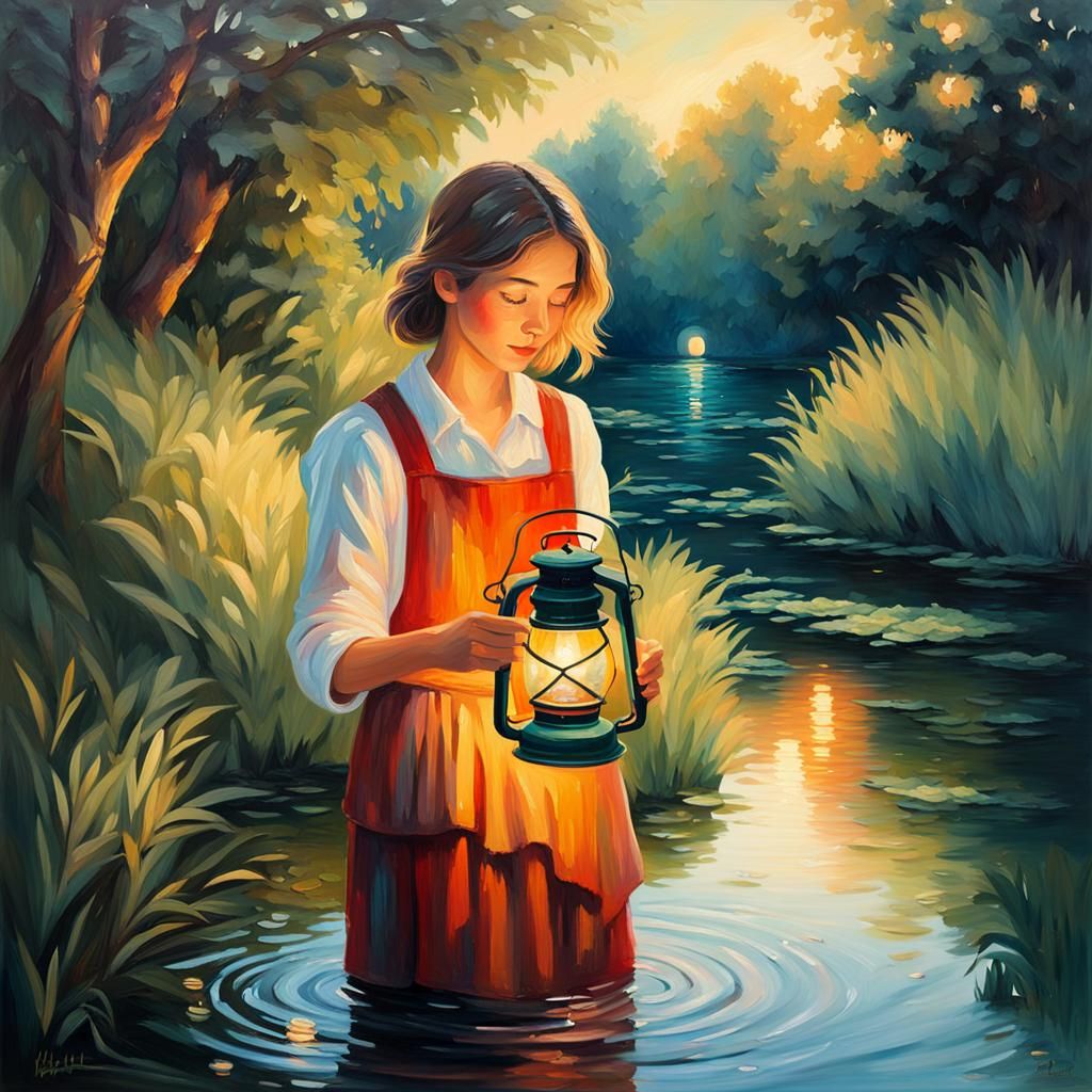 Woman with Lantern Beside Spring: Oil Painting