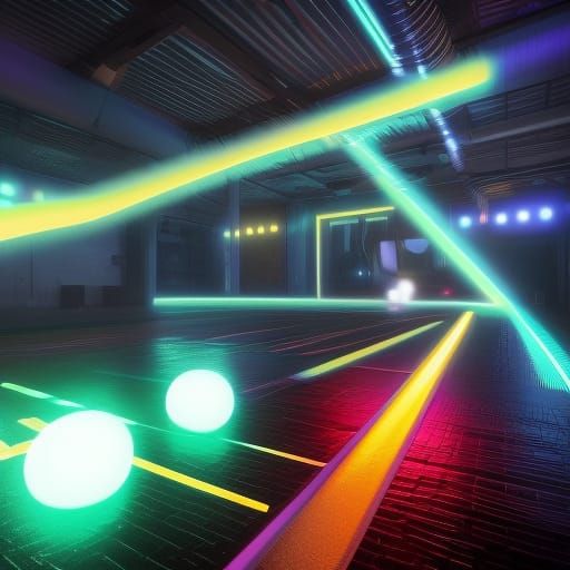 Rapper in Neon Scene with Flying Orbs