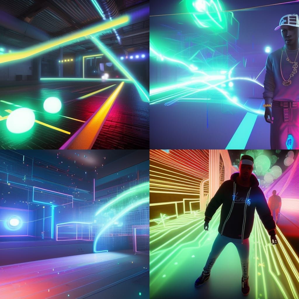 Rapper in Neon Dreamscape with Flying Orbs