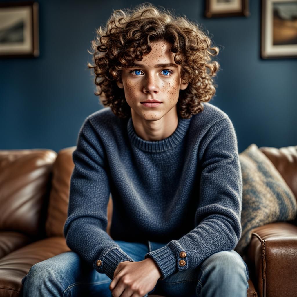 Boy with Freckles Sitting on Couch