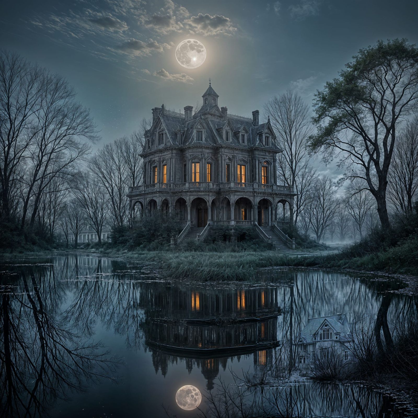 Surreal Mansion Scene Under Moonlit Reflection