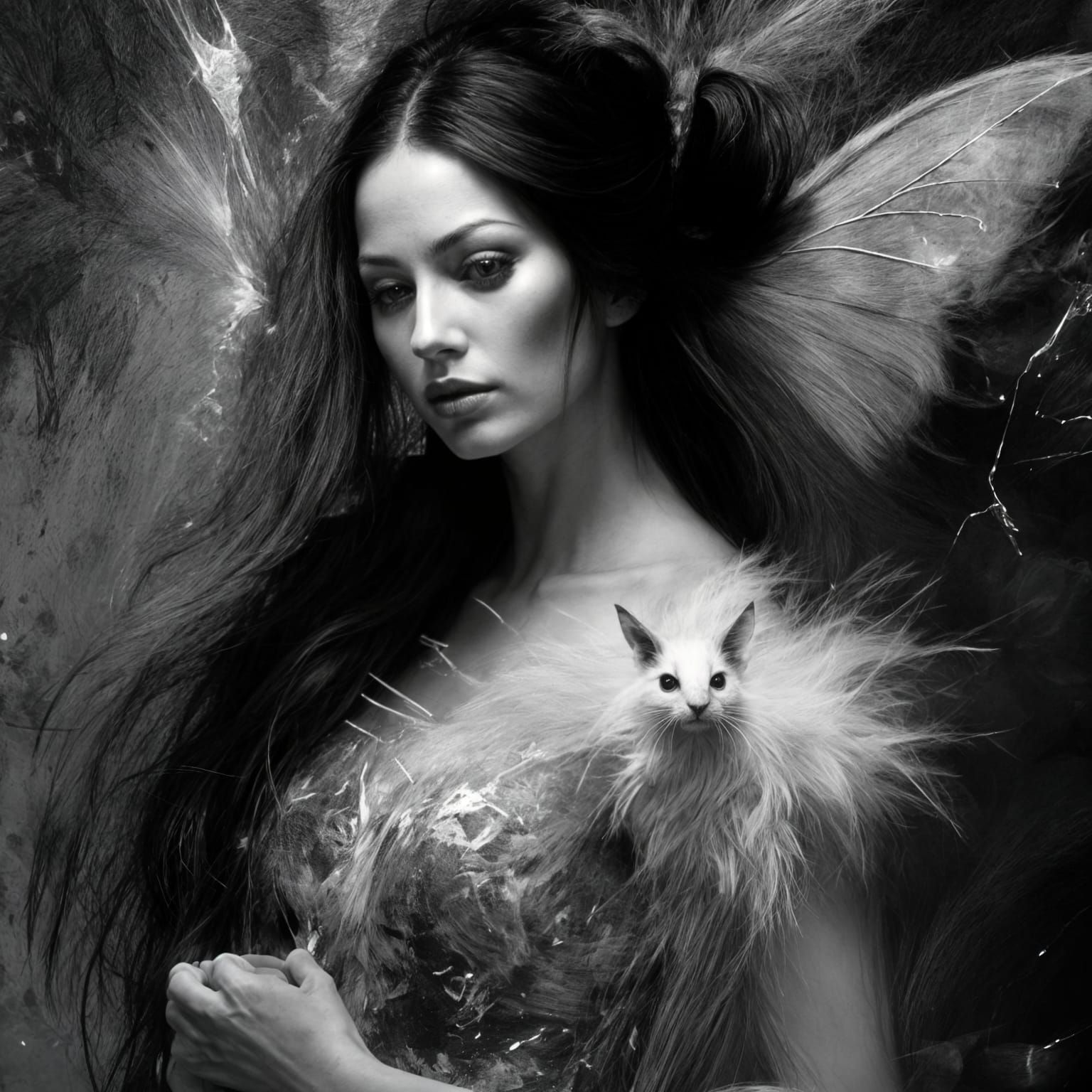Beautiful dark haired fairy and pet.