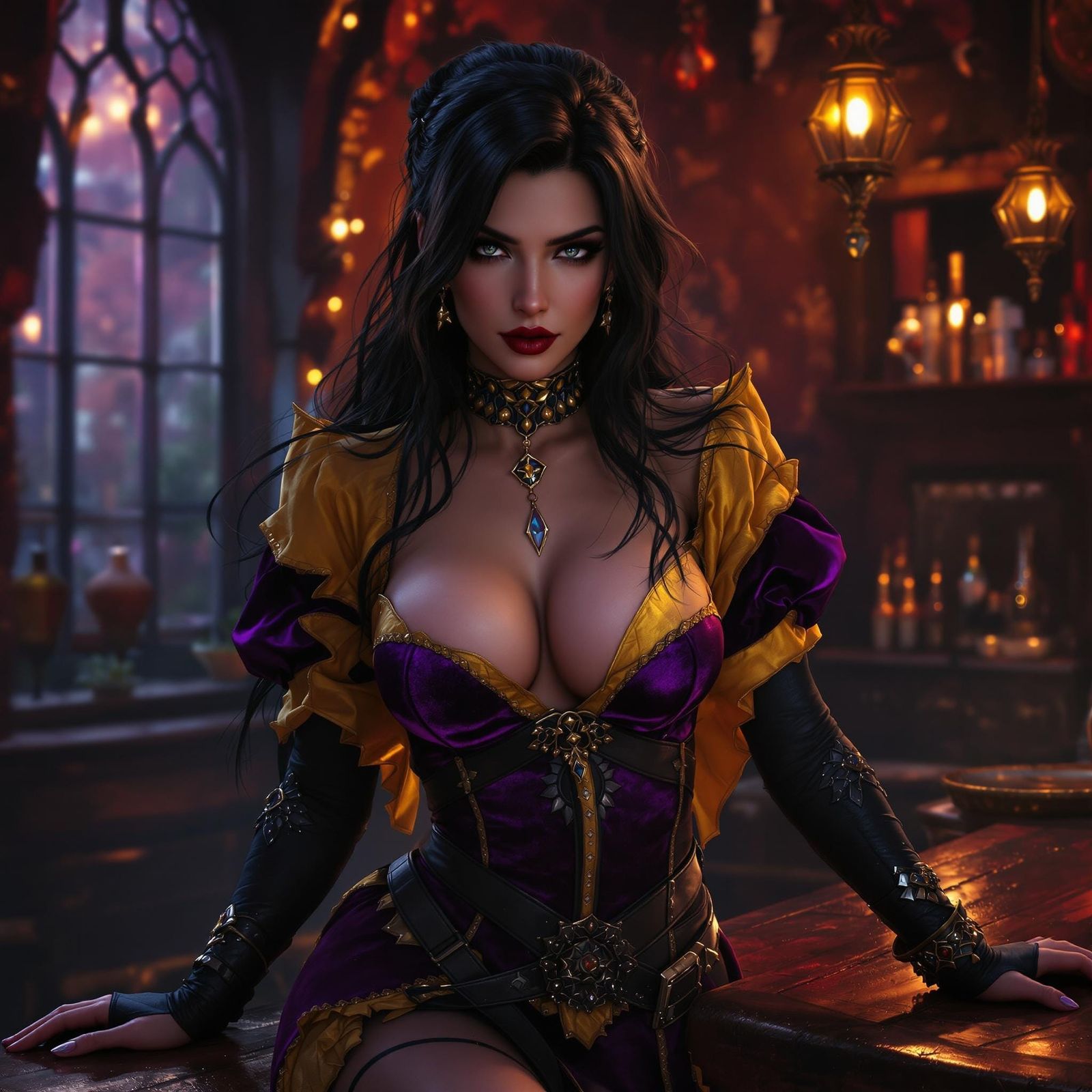 Elegant Dark Fantasy Barmaid in Opulent Velvet and Leather A...