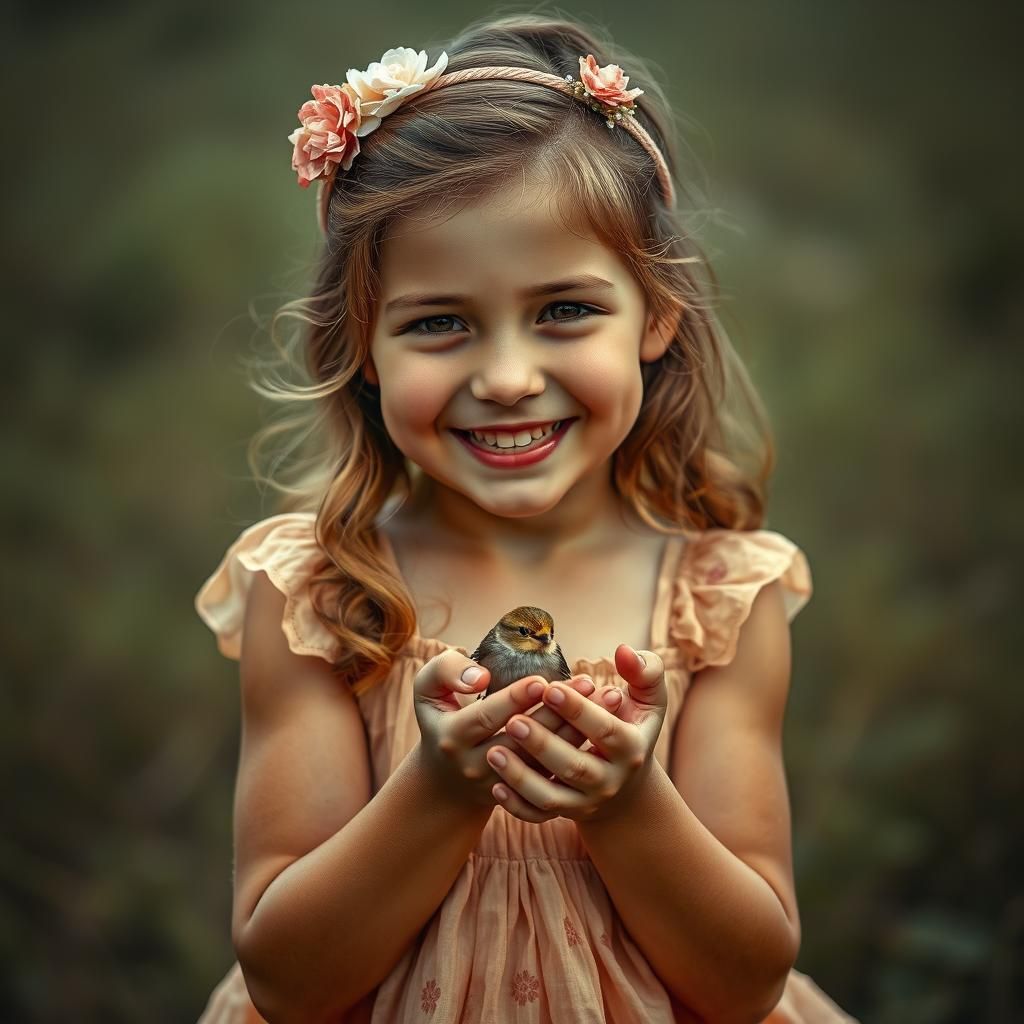 Girl with Bird: Hyper-Realistic Fairy Tale Photo