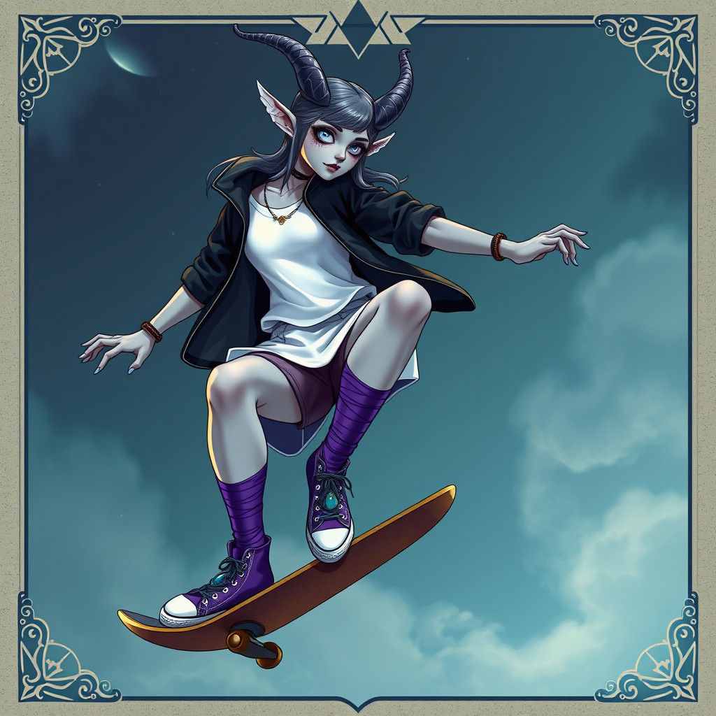 Sylphic Elf Sky-Witch on Levitational Skateboard