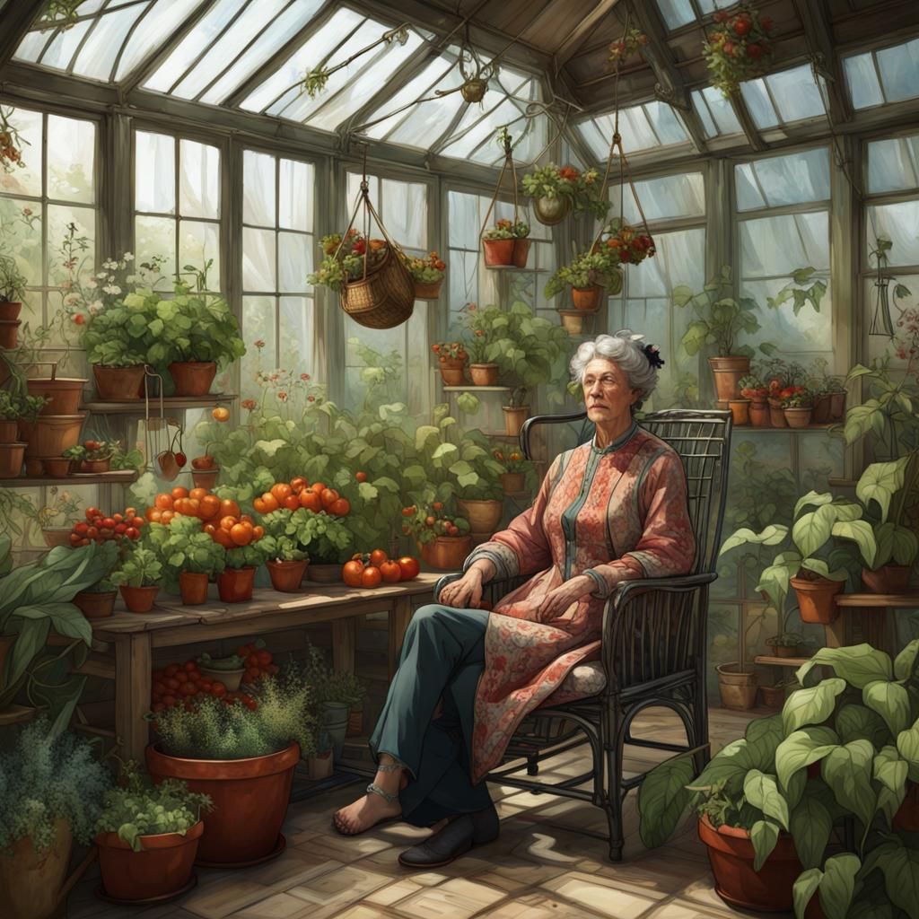 Antique Greenhouse with Lush Plants and Garden Decor