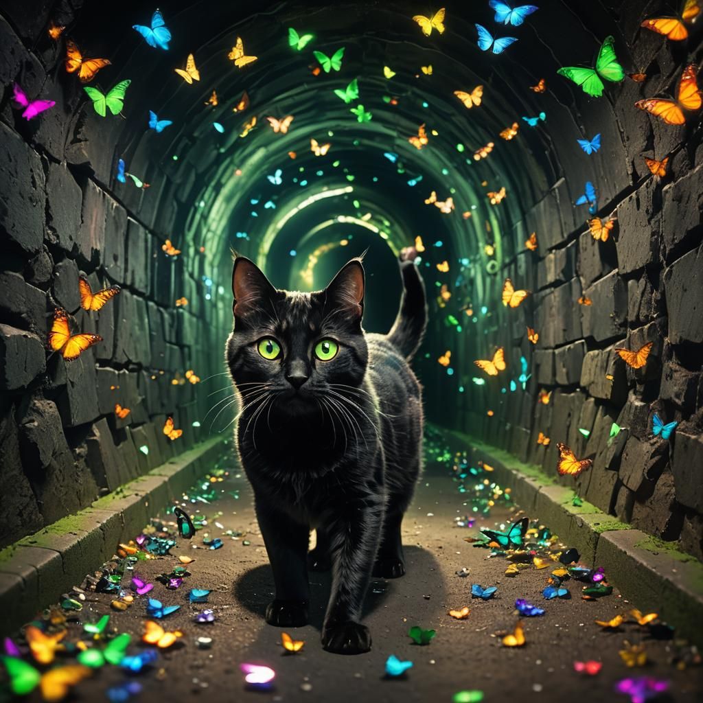 Tabby Cat Emerges from Crystal Tunnel: 3D Render